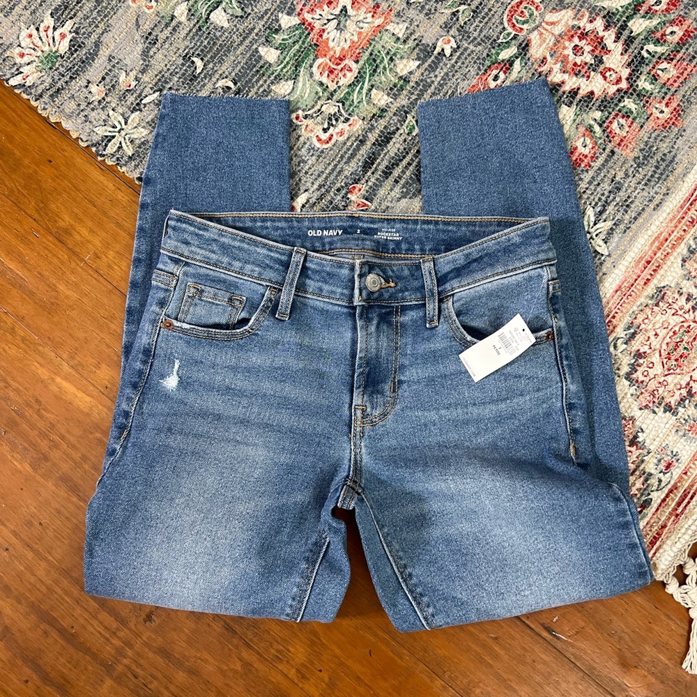 Old Navy mid rise rockstar super skinny raw frayed hem denim jeans NWT